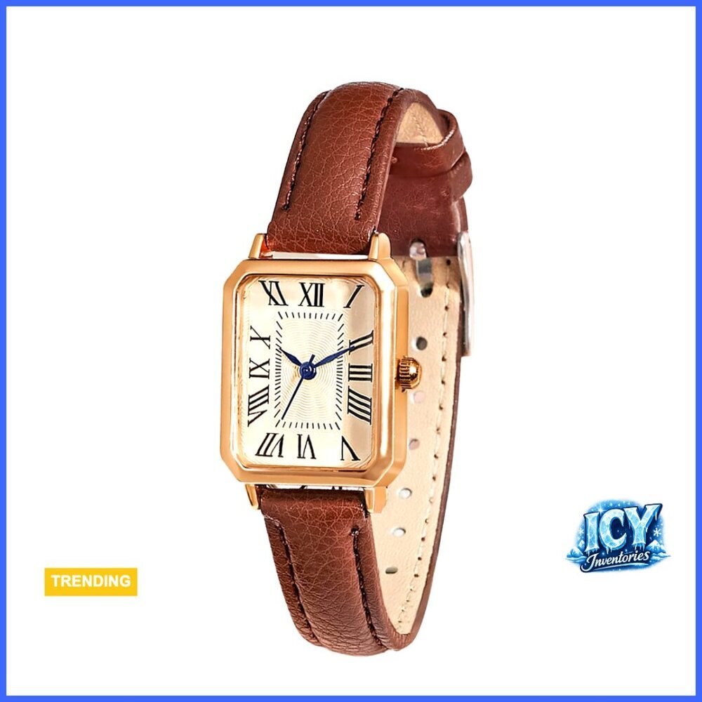 Vintage Rectangle Quartz Wrist Watch with Leather Strap